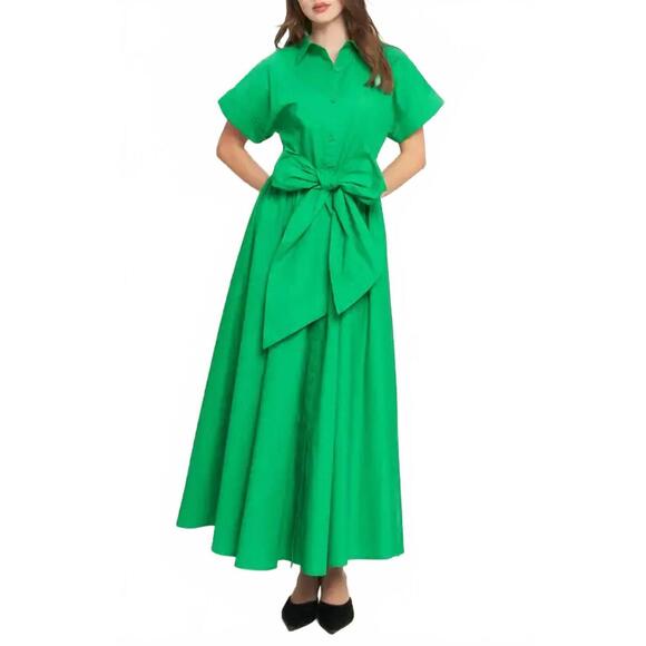 FLYING TOMATO Dresses & Skirts - NEW FLYING TOMATO tie waist bow cotton button front maxi shirt dress in emerald